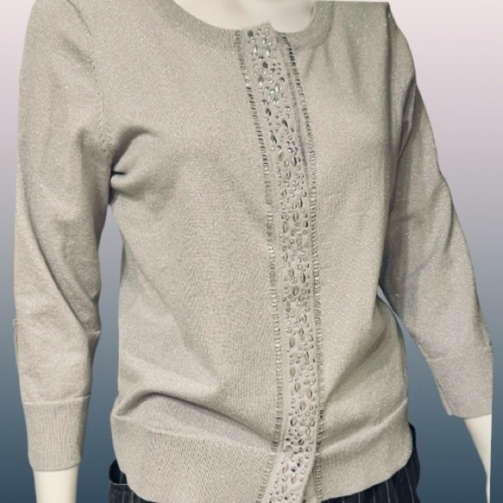 Charter Club Shimmering Metallic Silver Cardigan Sweater 
Hidden Snaps Studded